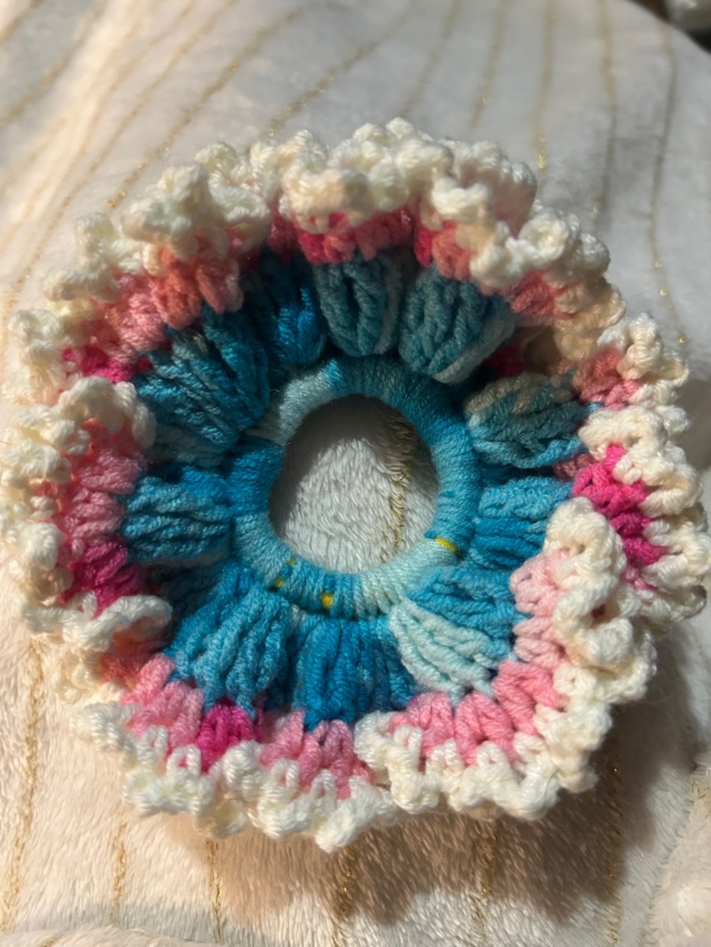 Hand Crafted Multi-Color Crochet Ruffled Hair Scrunchie - Blue, Pink, Cream - Picture 3 of 3
